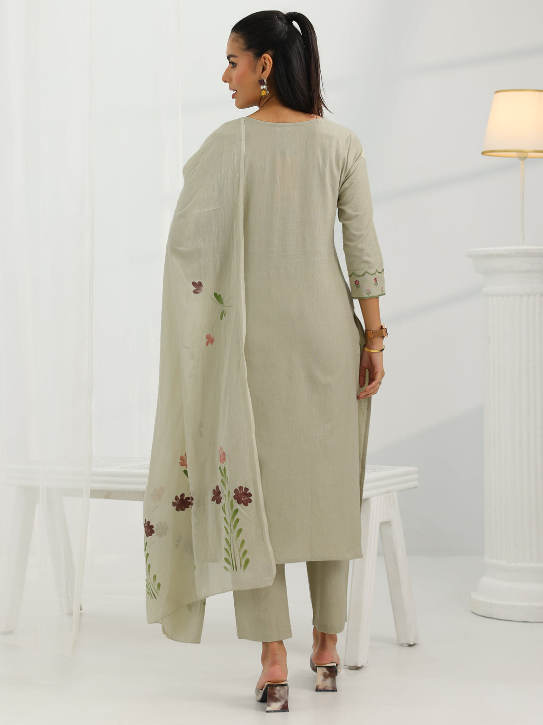 Beige Yoke Design Cotton Straight Suit Set With Dupatta