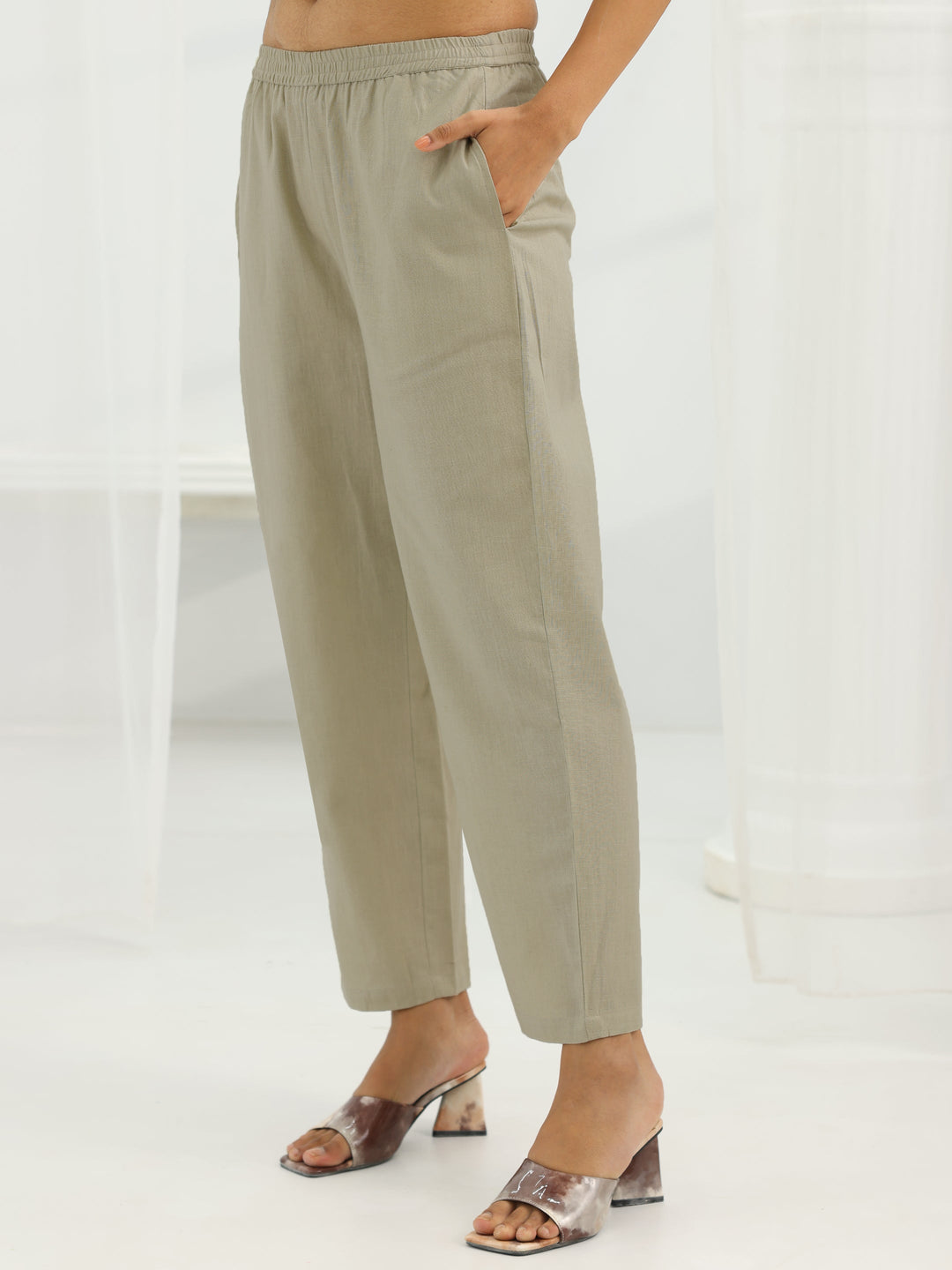 Beige Yoke Design Cotton Straight Suit Set With Dupatta