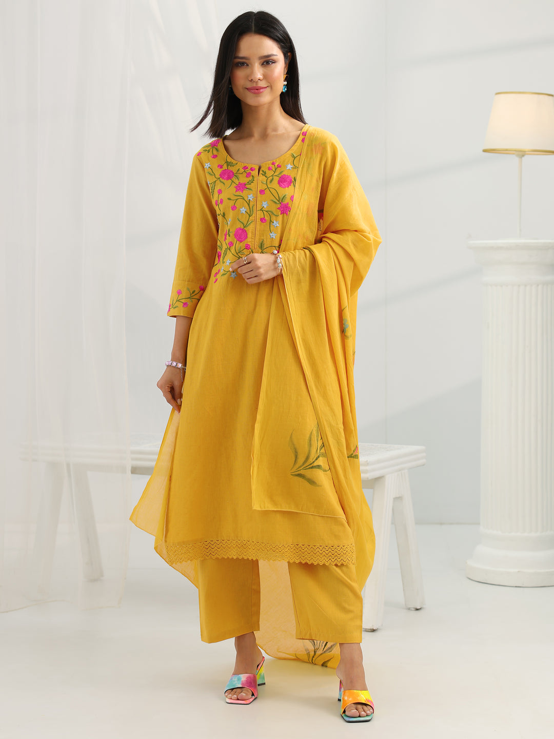 Mustard Yoke Design Cotton Straight Suit Set With Dupatta