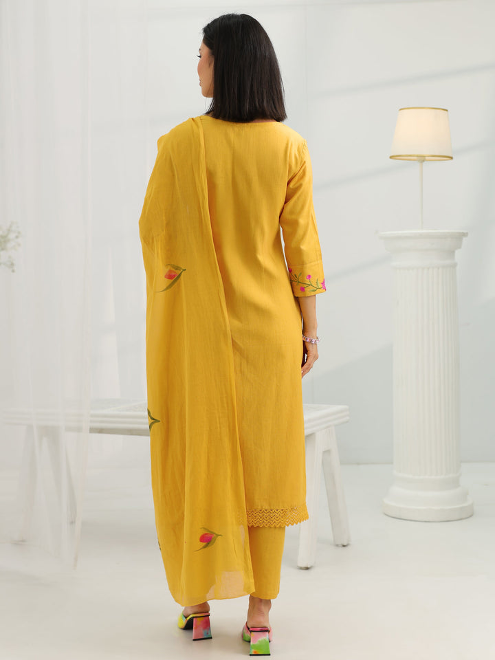 Mustard Yoke Design Cotton Straight Suit Set With Dupatta