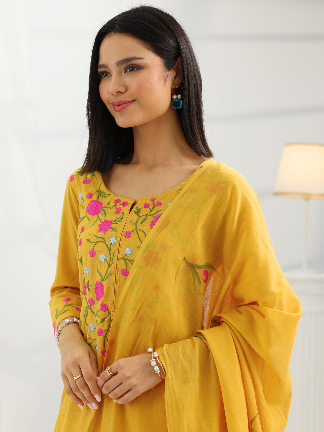 Mustard Yoke Design Cotton Straight Suit Set With Dupatta
