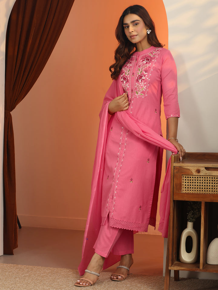 Pink Embroidered Cotton Straight Suit Set With Dupatta