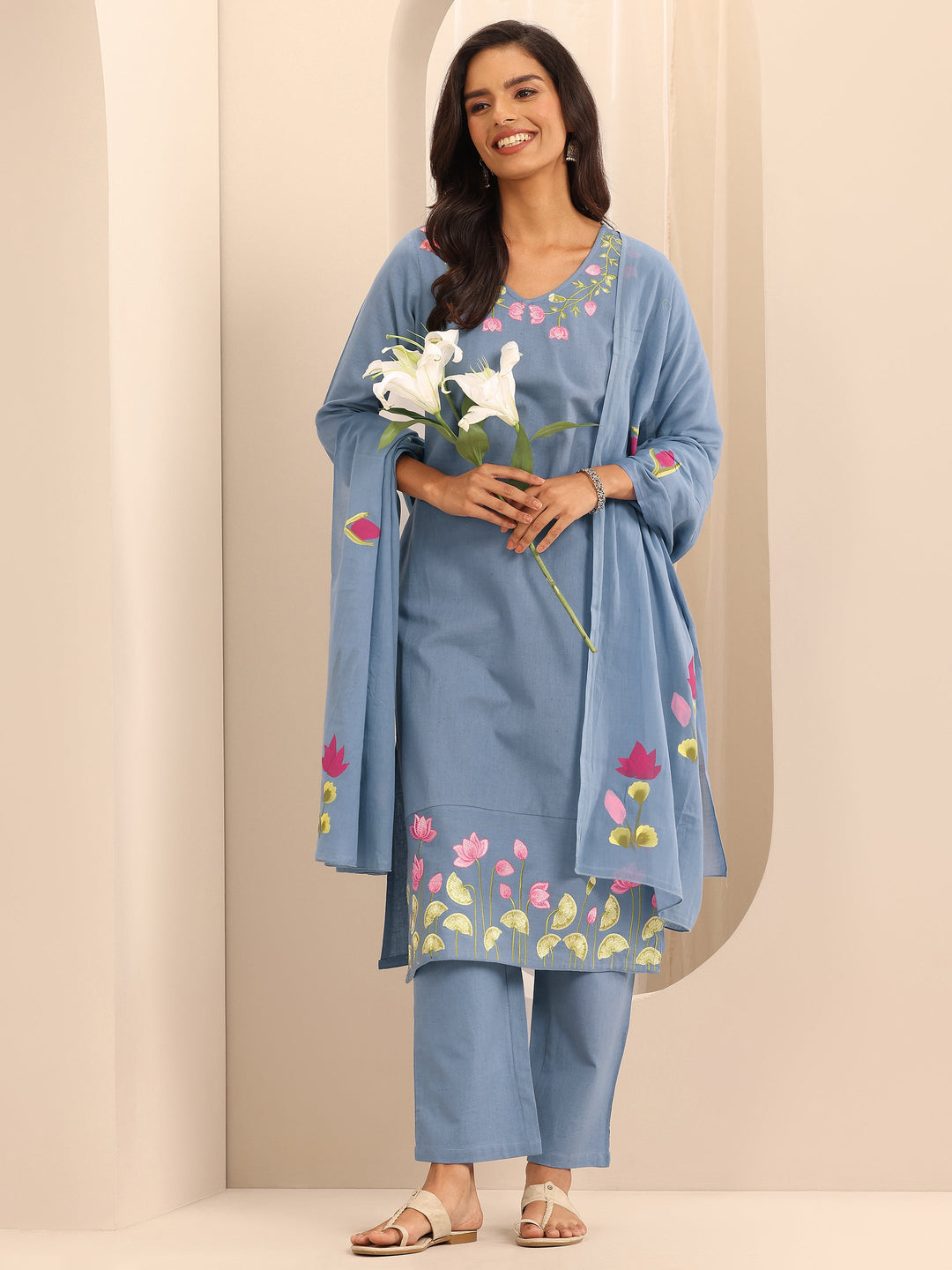 Blue Embroidered Cotton Straight Suit Set With Dupatta
