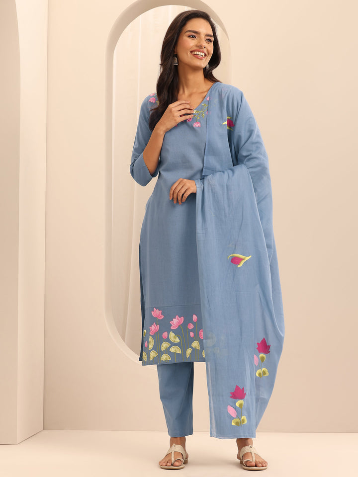Blue Embroidered Cotton Straight Suit Set With Dupatta