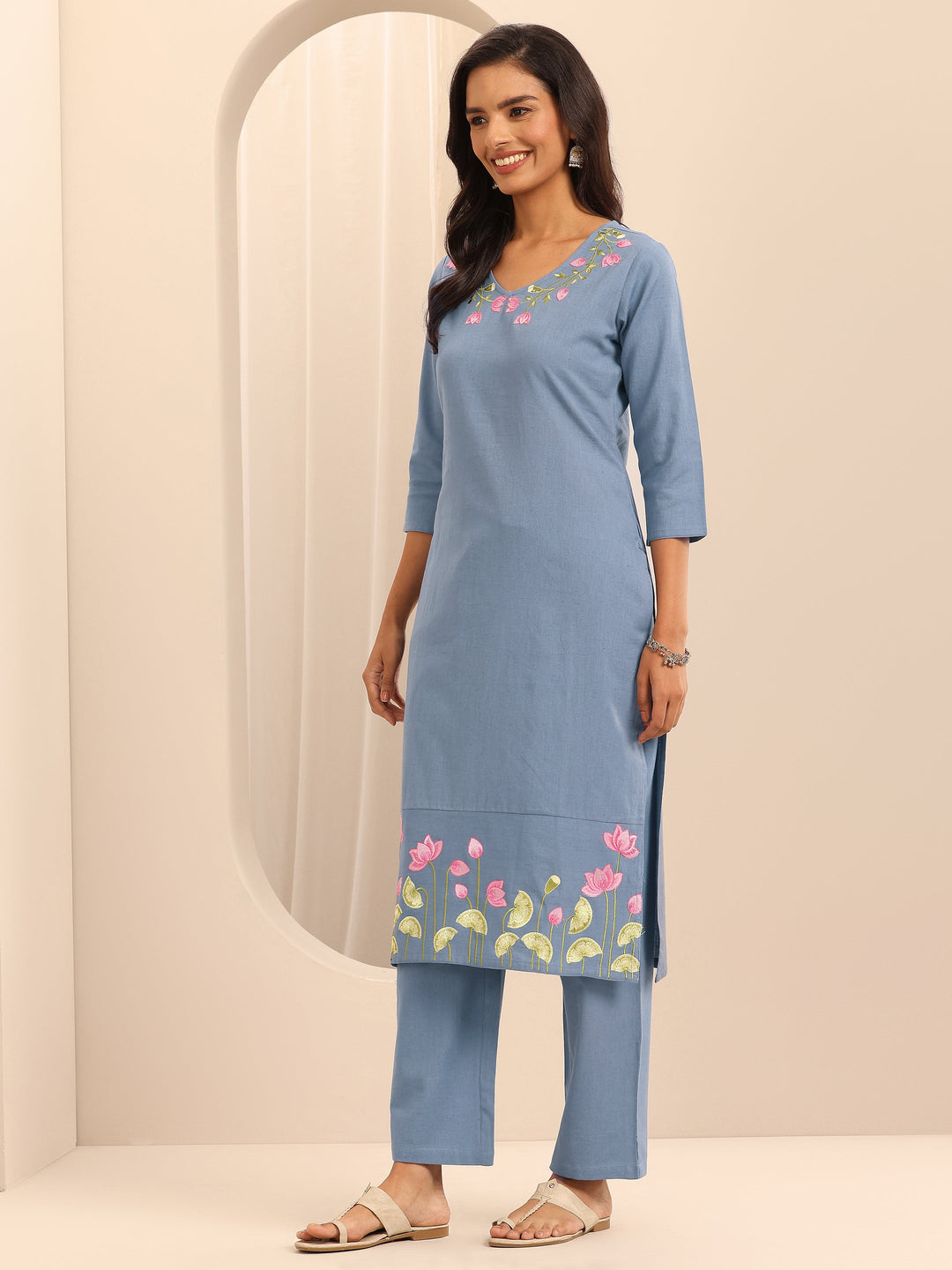 Blue Embroidered Cotton Straight Suit Set With Dupatta