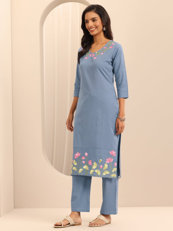 Blue Embroidered Cotton Straight Suit Set With Dupatta