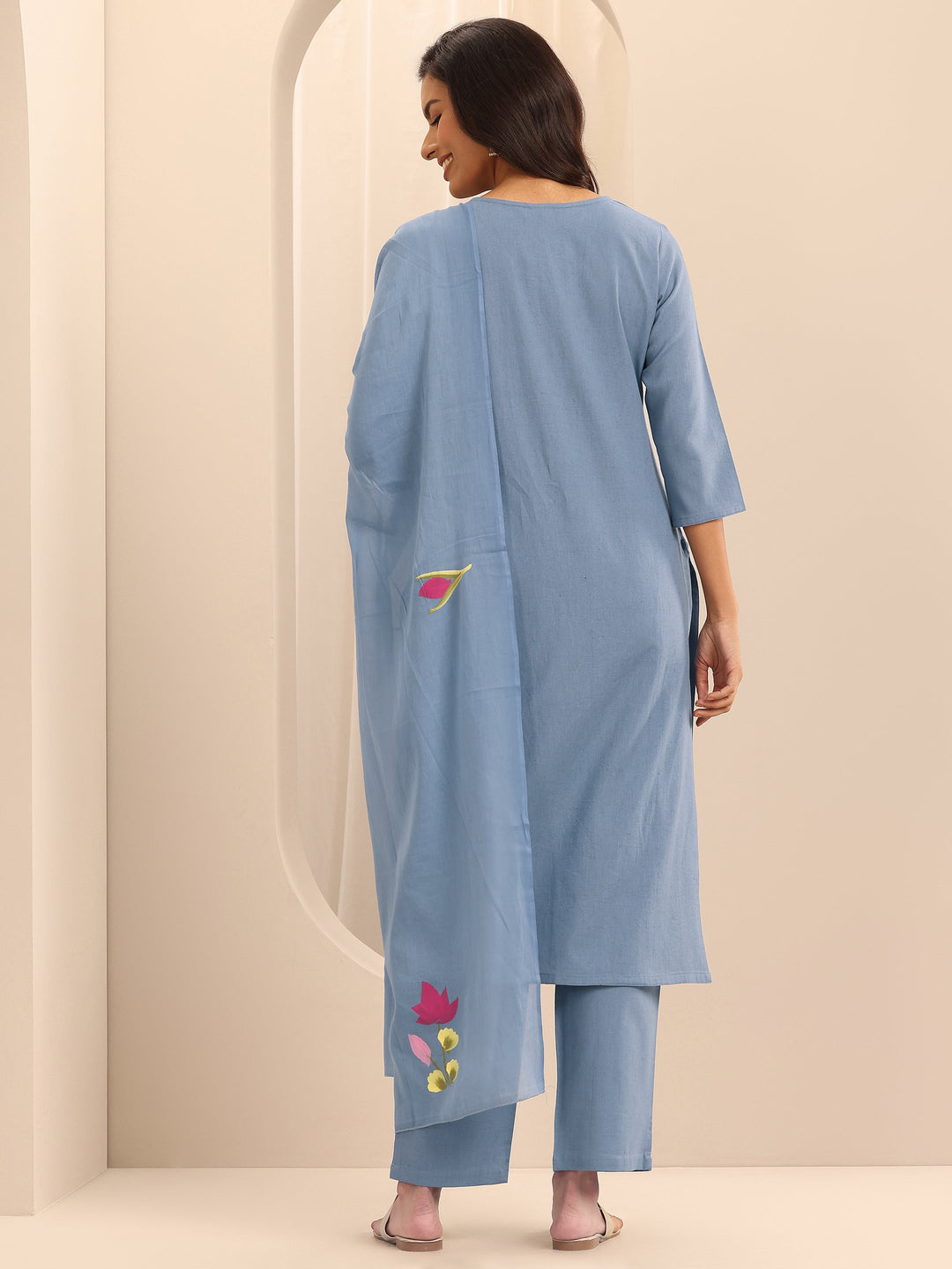 Blue Embroidered Cotton Straight Suit Set With Dupatta