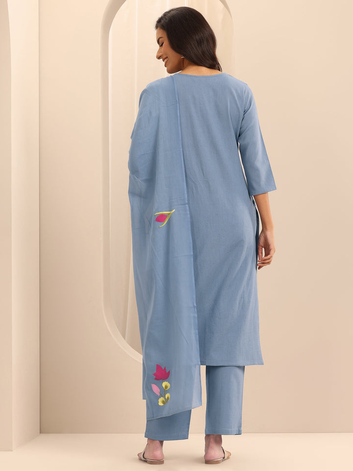 Blue Embroidered Cotton Straight Suit Set With Dupatta