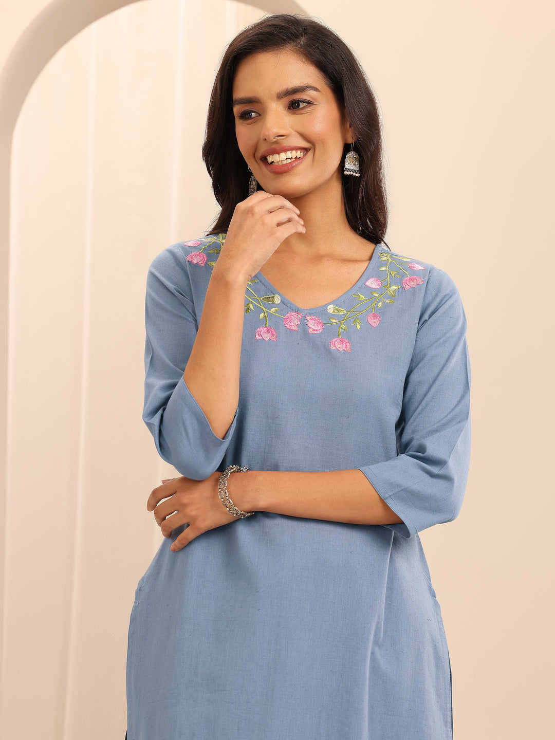 Blue Embroidered Cotton Straight Suit Set With Dupatta