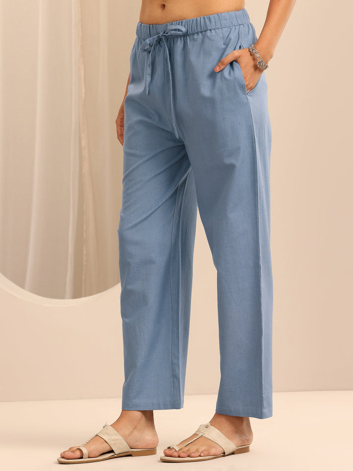 Blue Embroidered Cotton Straight Suit Set With Dupatta