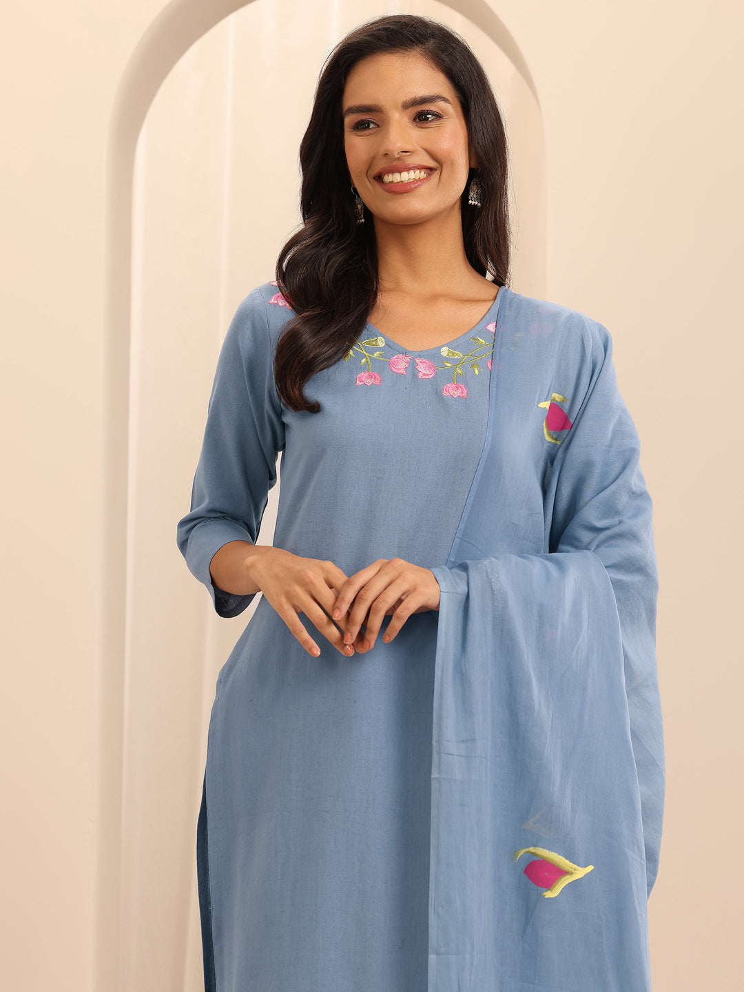 Blue Embroidered Cotton Straight Suit Set With Dupatta