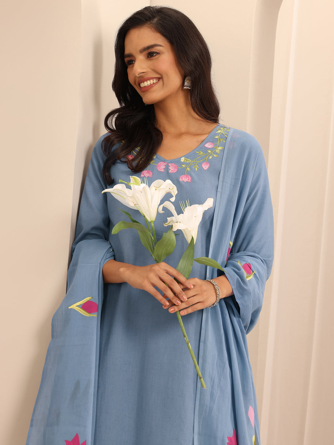 Blue Embroidered Cotton Straight Suit Set With Dupatta
