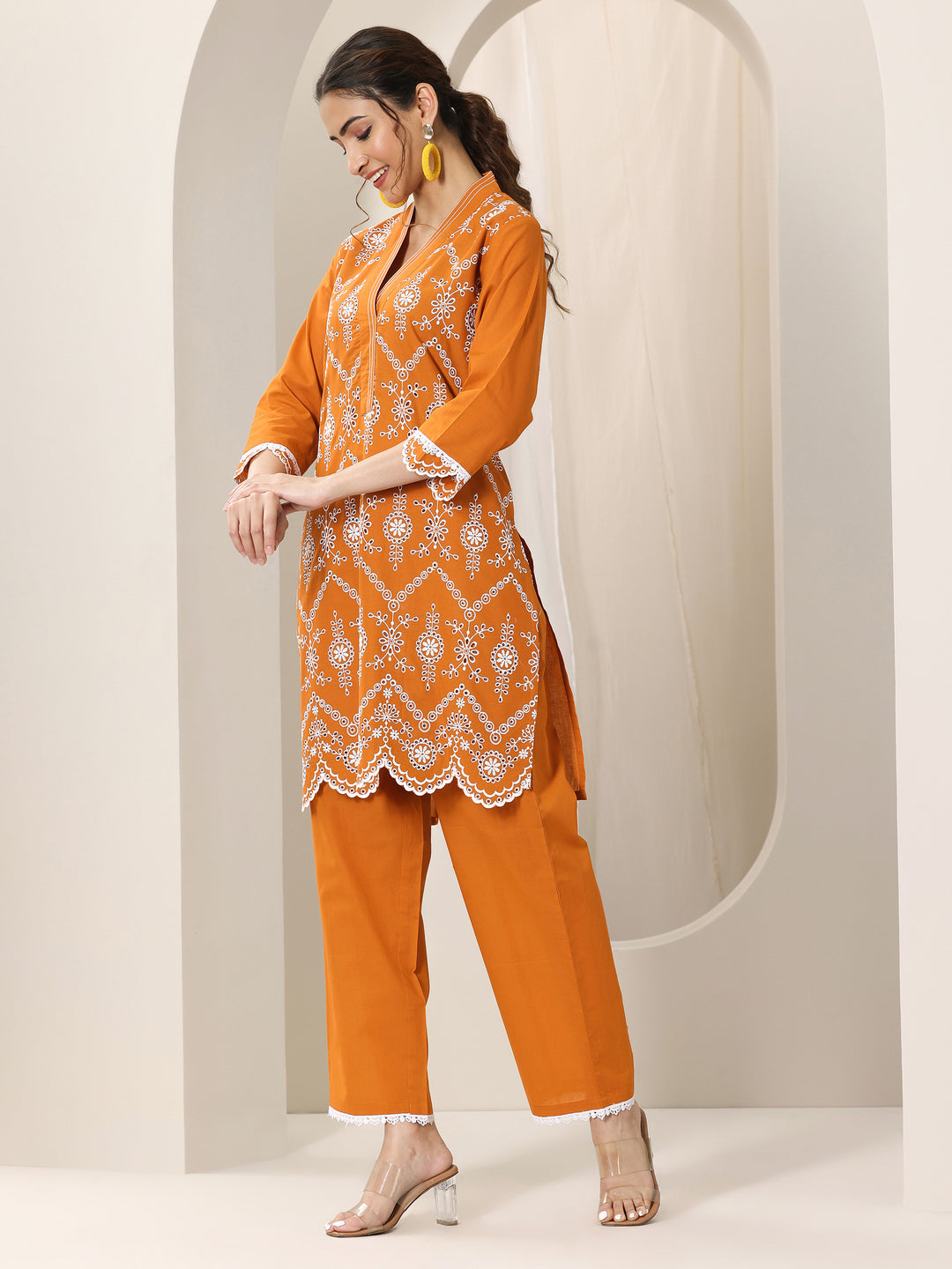 Orange Embroidered Cotton Straight Suit Set With Dupatta