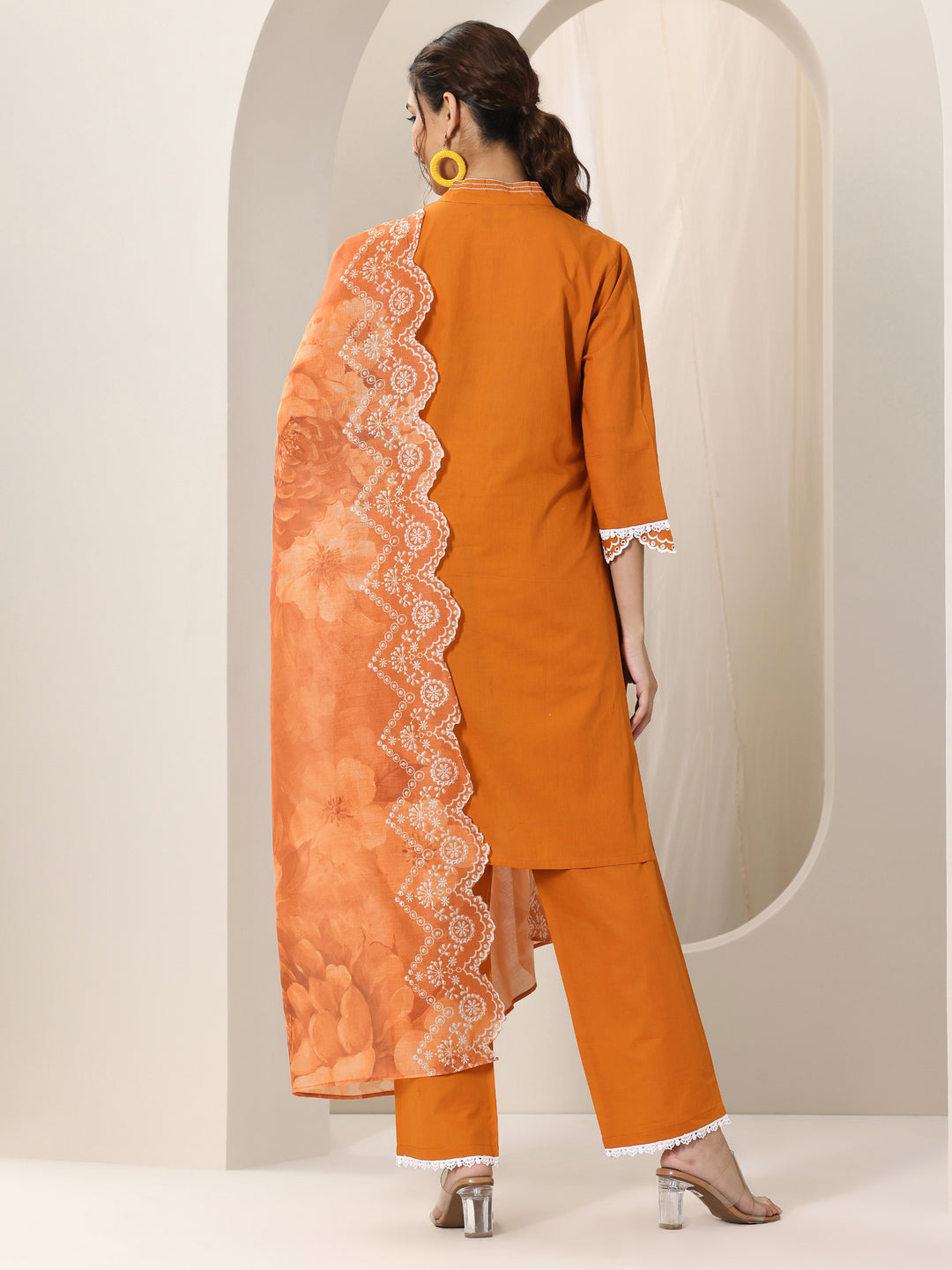 Orange Embroidered Cotton Straight Suit Set With Dupatta