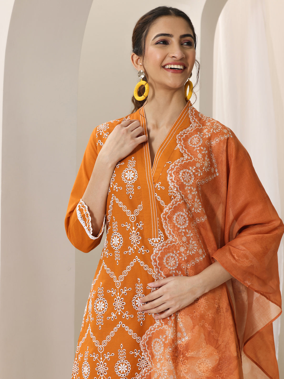Orange Embroidered Cotton Straight Suit Set With Dupatta