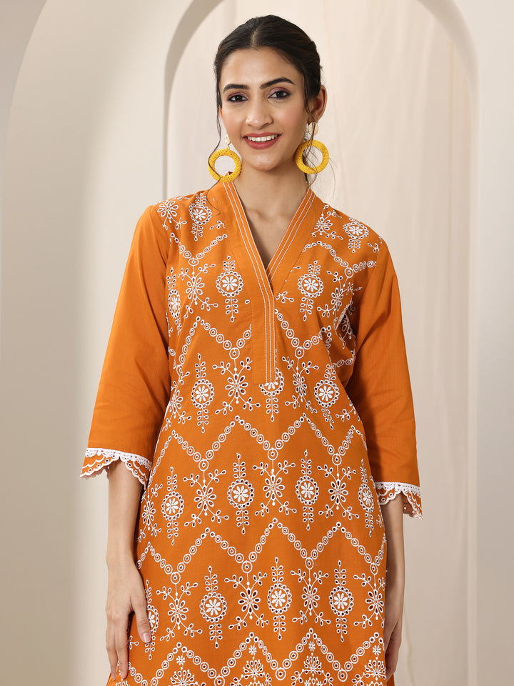 Orange Embroidered Cotton Straight Suit Set With Dupatta