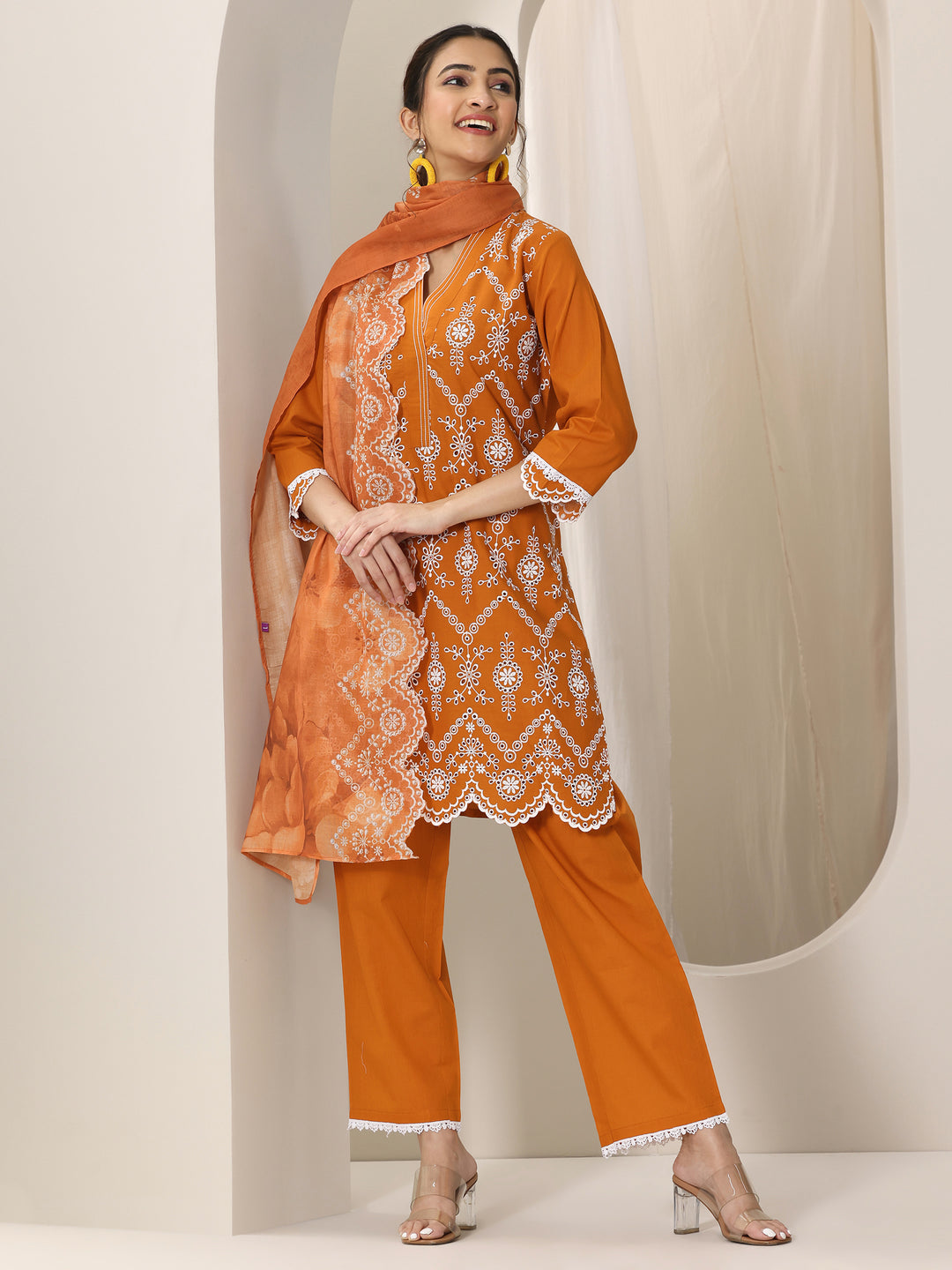 Orange Embroidered Cotton Straight Suit Set With Dupatta