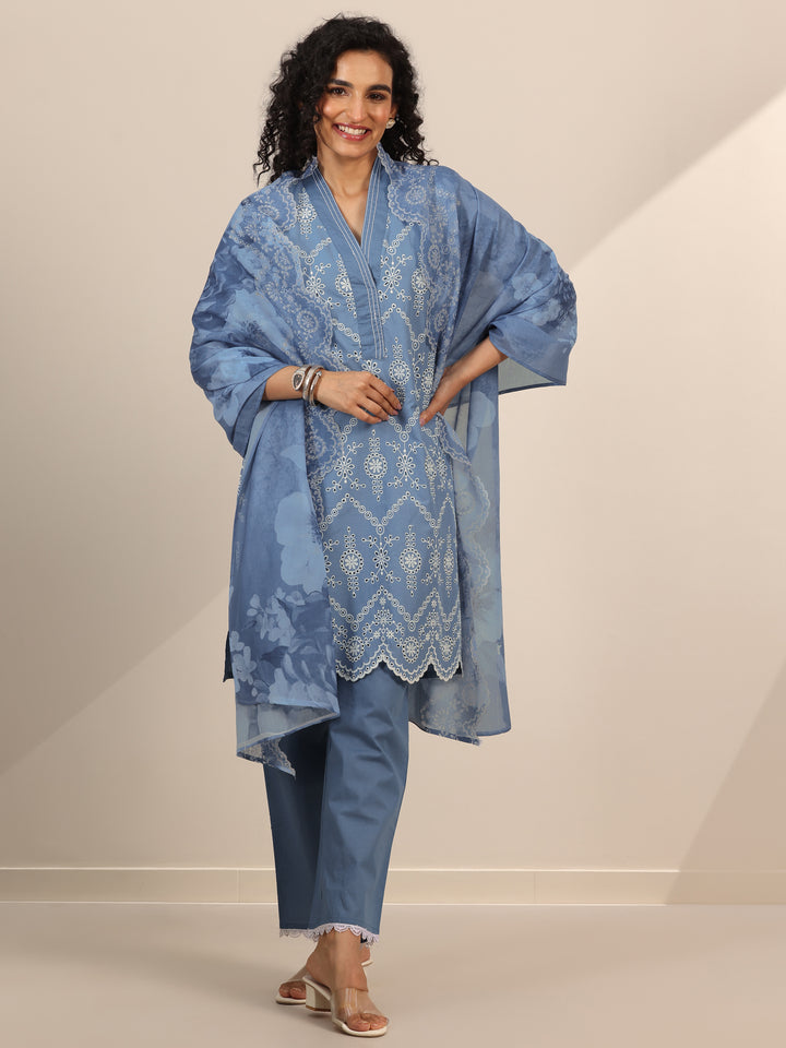 Blue Embroidered Cotton Straight Suit Set With Dupatta