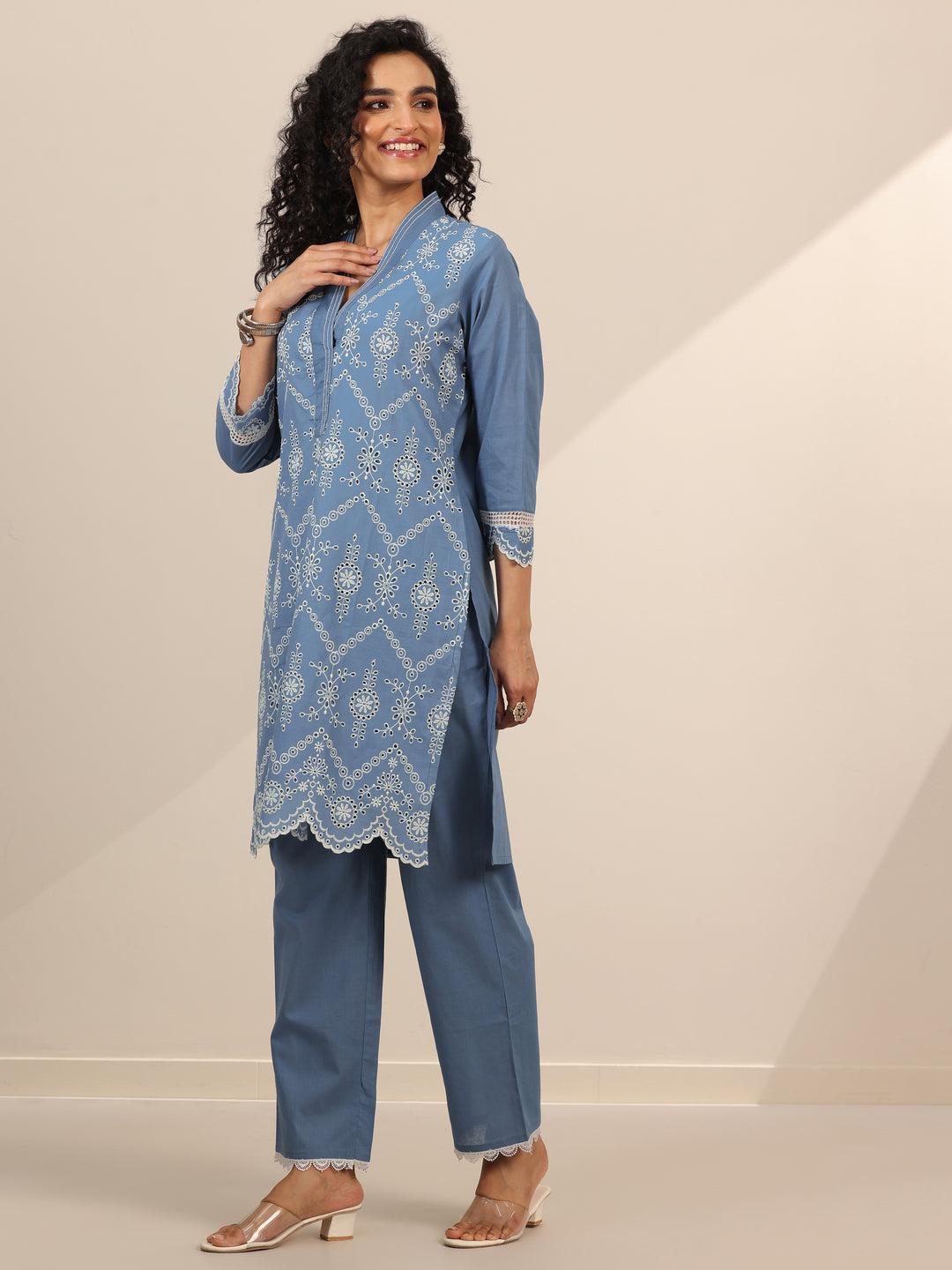 Blue Embroidered Cotton Straight Suit Set With Dupatta