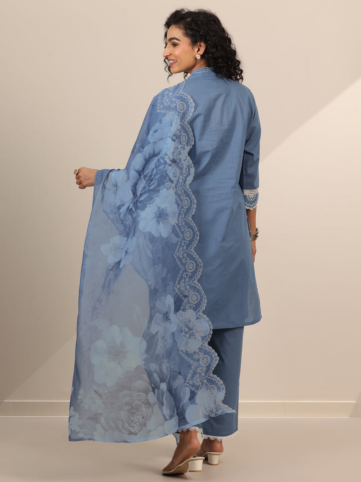 Blue Embroidered Cotton Straight Suit Set With Dupatta
