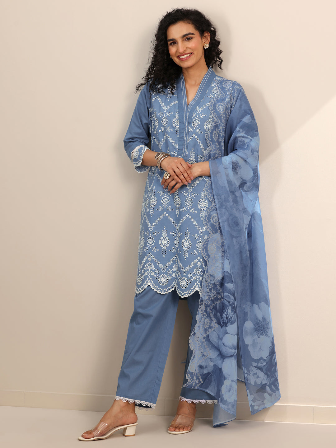 Blue Embroidered Cotton Straight Suit Set With Dupatta