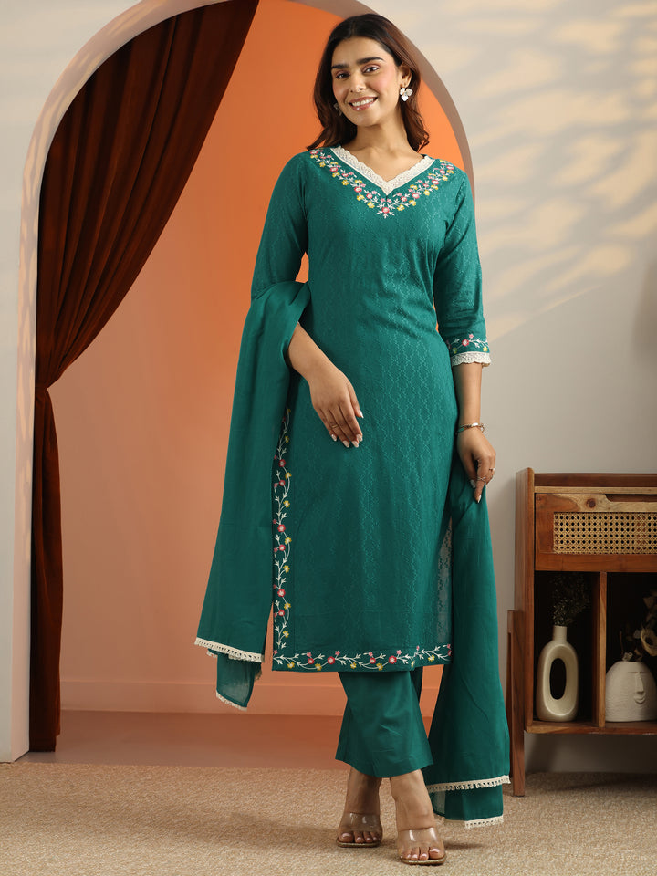 Teal Woven Design Cotton Straight Suit Set With Dupatta