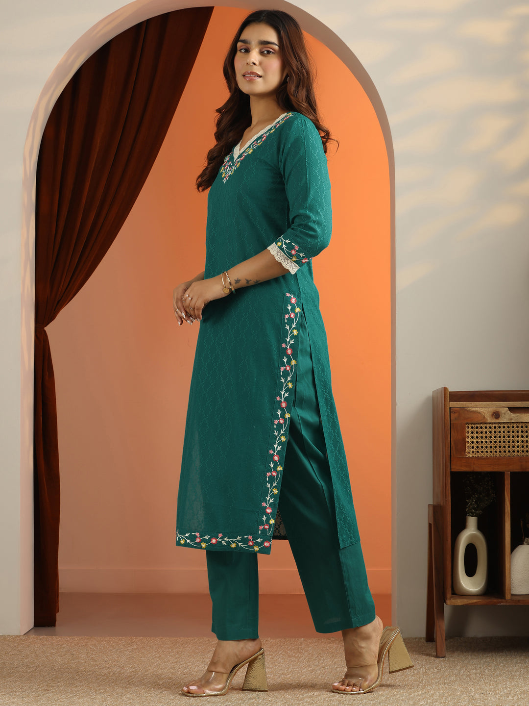 Teal Woven Design Cotton Straight Suit Set With Dupatta