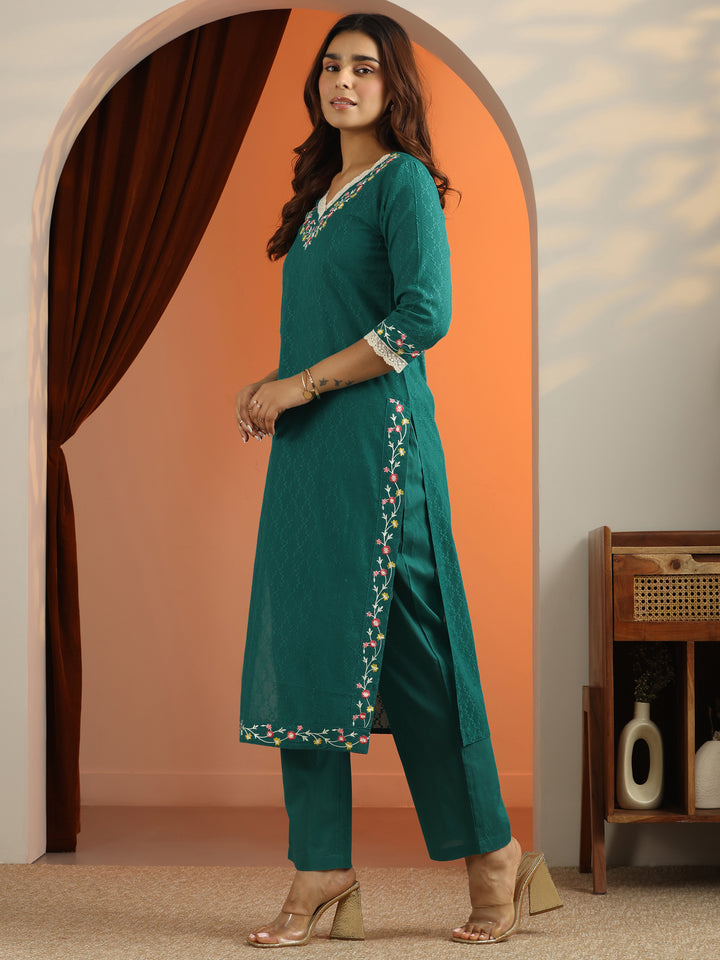 Teal Woven Design Cotton Straight Suit Set With Dupatta