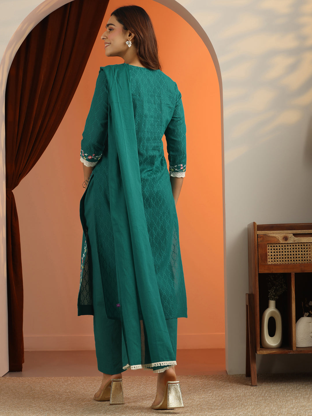 Teal Woven Design Cotton Straight Suit Set With Dupatta