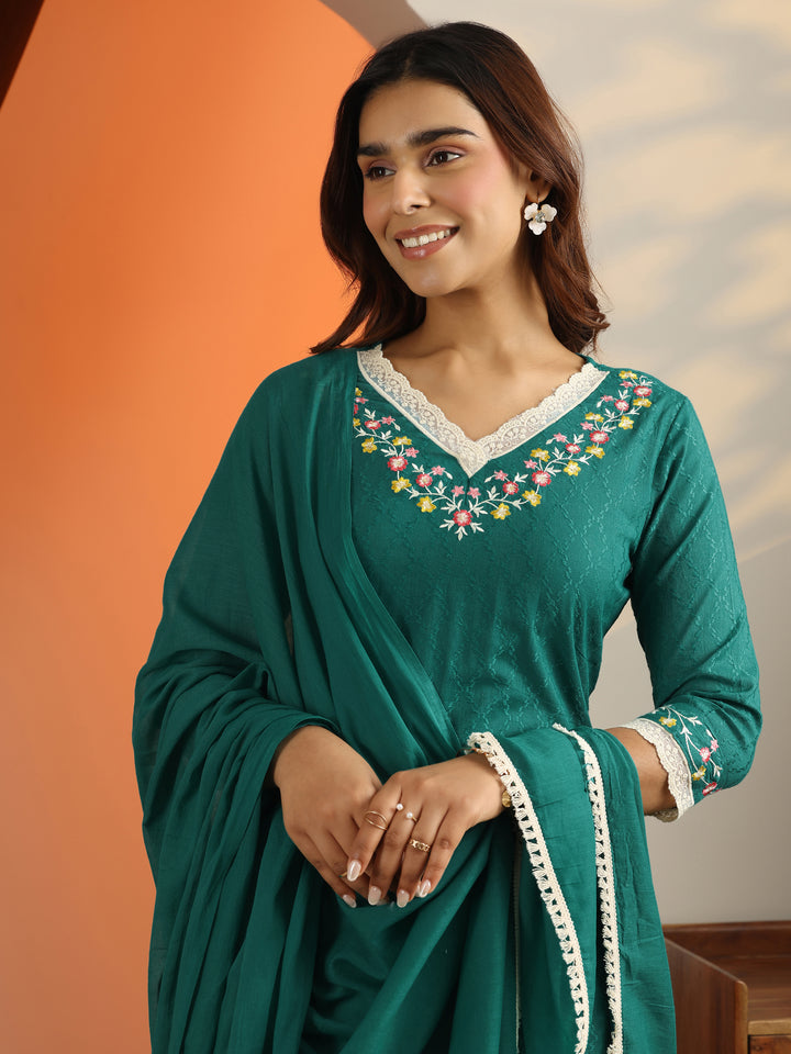 Teal Woven Design Cotton Straight Suit Set With Dupatta
