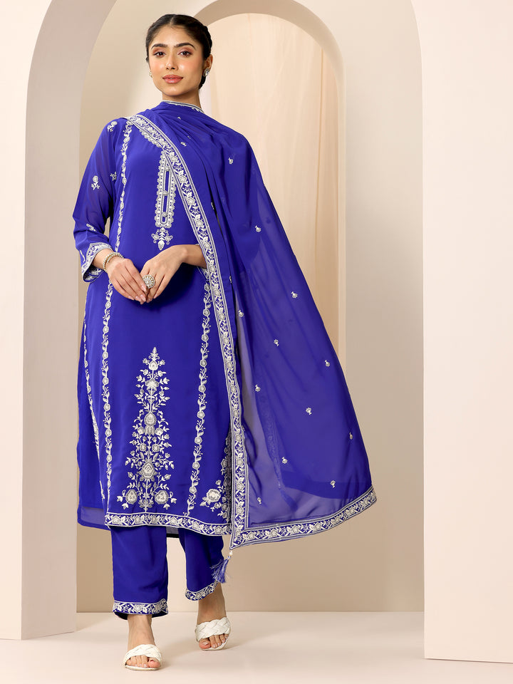 Blue Embroidered Georgette Straight Suit Set With Dupatta