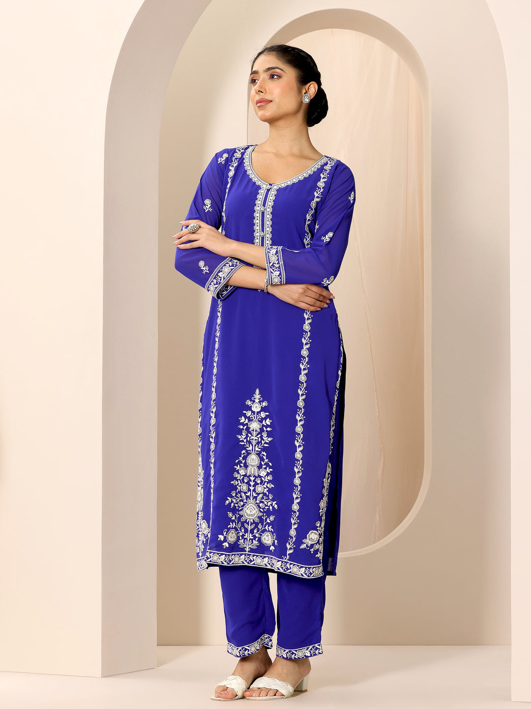 Blue Embroidered Georgette Straight Suit Set With Dupatta