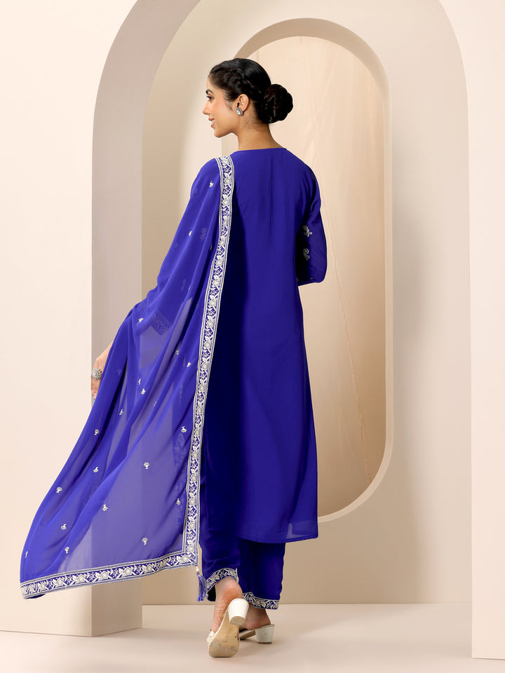 Blue Embroidered Georgette Straight Suit Set With Dupatta
