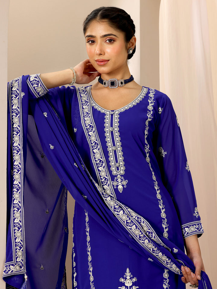 Blue Embroidered Georgette Straight Suit Set With Dupatta