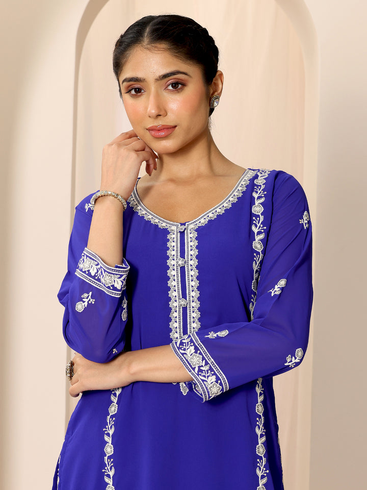 Blue Embroidered Georgette Straight Suit Set With Dupatta