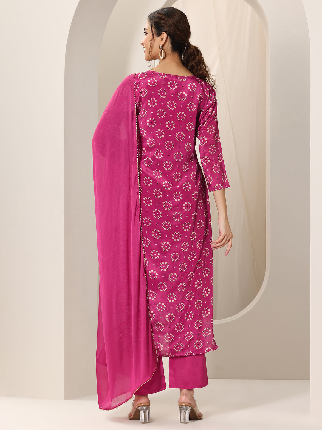 Pink Printed Silk Blend Straight Suit Set With Dupatta