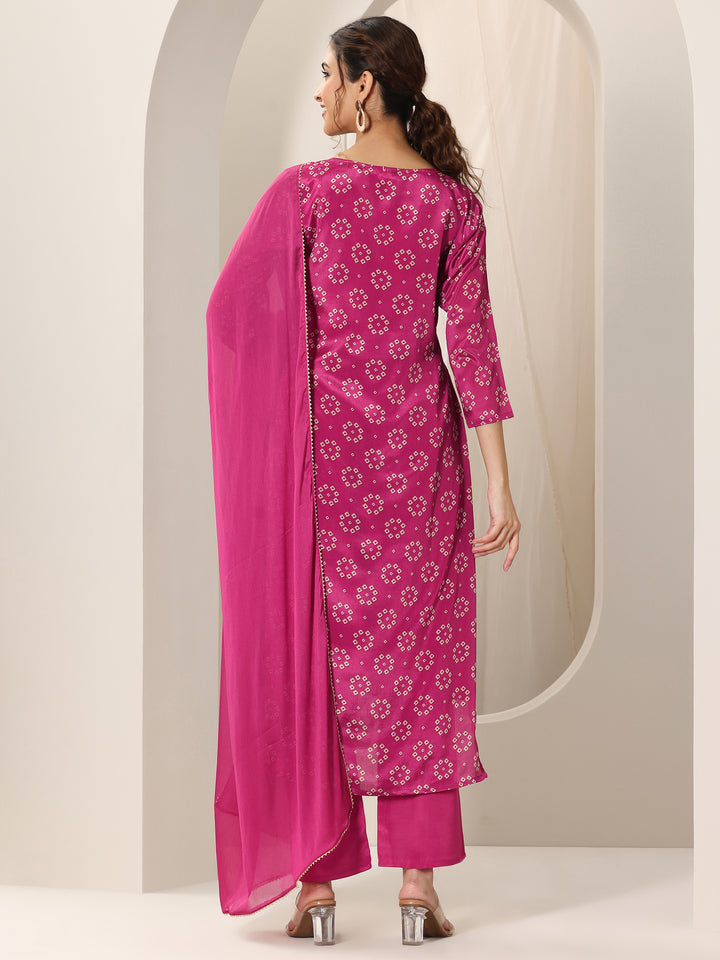 Pink Printed Silk Blend Straight Suit Set With Dupatta