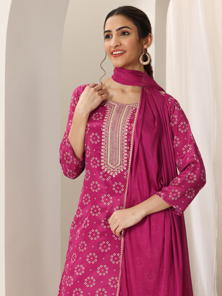 Pink Printed Silk Blend Straight Suit Set With Dupatta