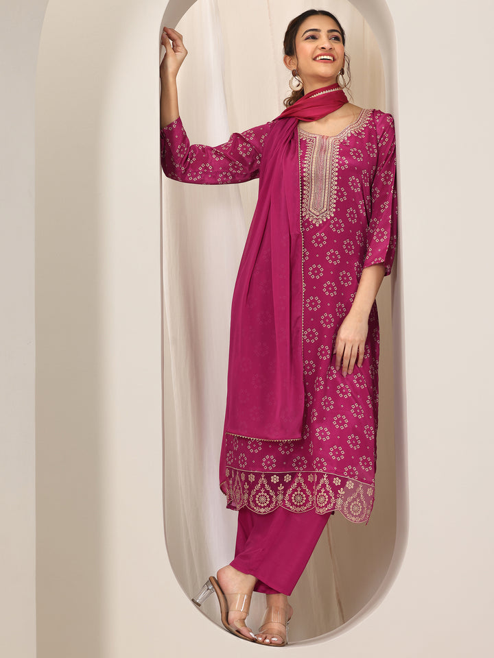 Pink Printed Silk Blend Straight Suit Set With Dupatta