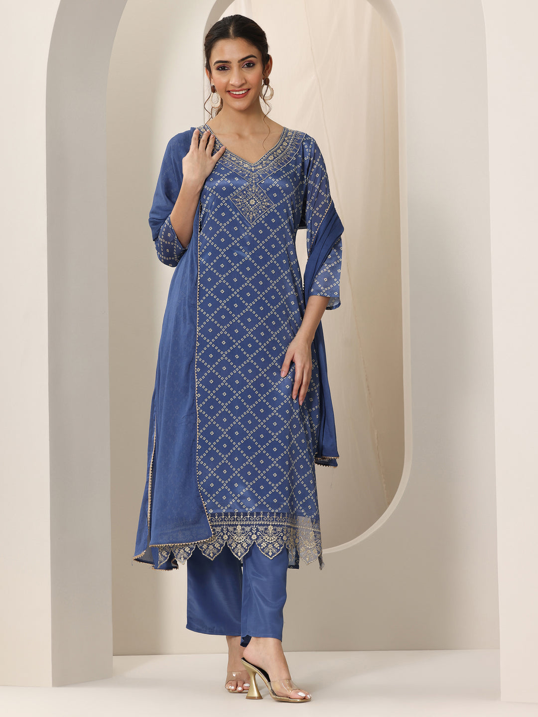 Blue Printed Silk Blend Straight Suit Set With Dupatta