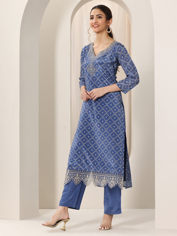 Blue Printed Silk Blend Straight Suit Set With Dupatta