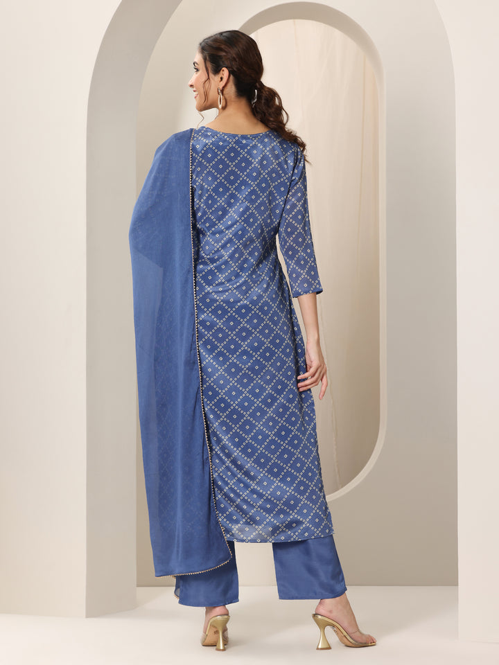 Blue Printed Silk Blend Straight Suit Set With Dupatta