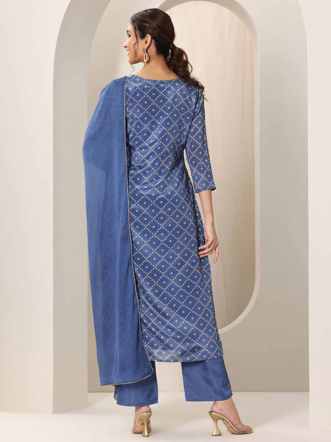 Blue Printed Silk Blend Straight Suit Set With Dupatta
