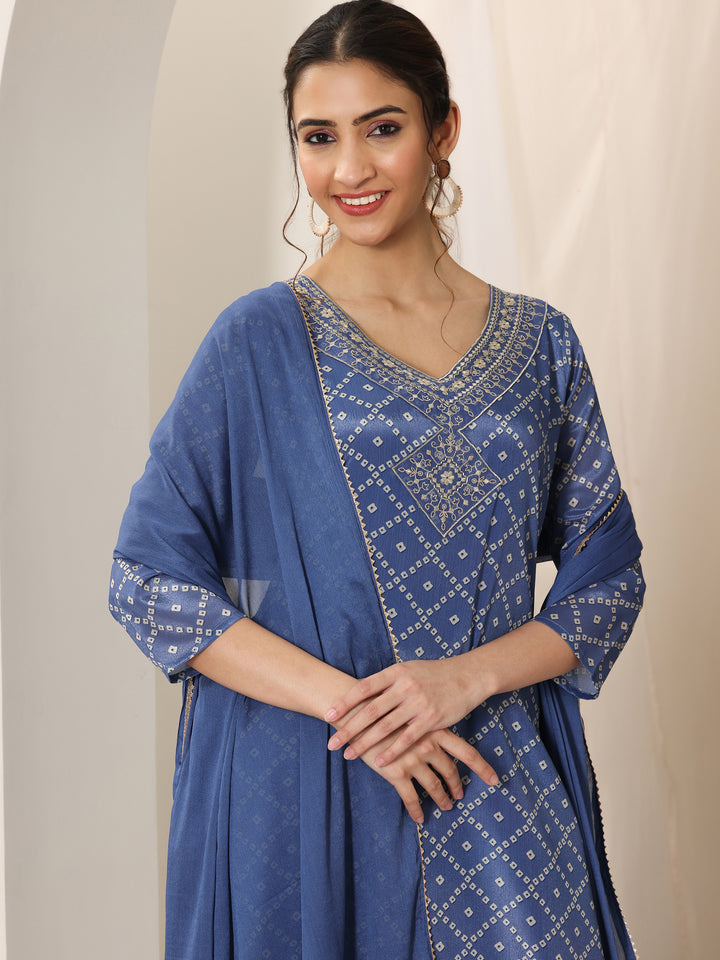 Blue Printed Silk Blend Straight Suit Set With Dupatta