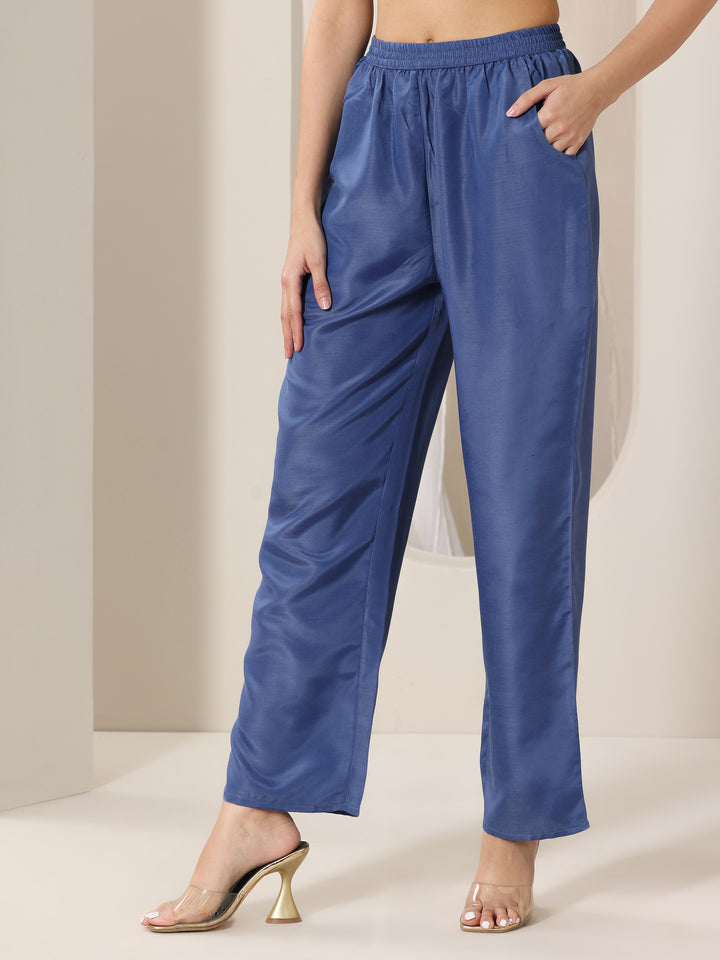 Blue Printed Silk Blend Straight Suit Set With Dupatta