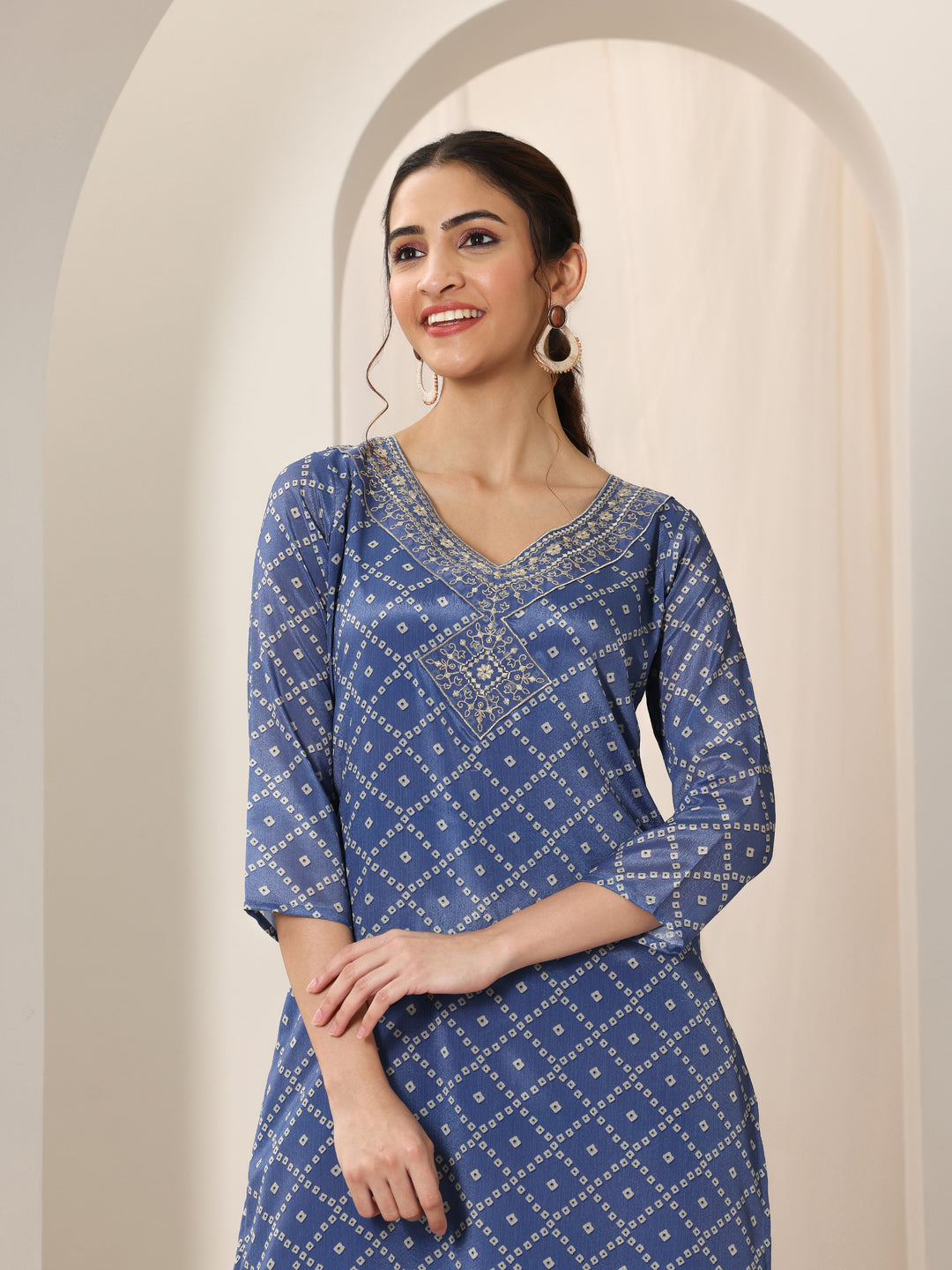 Blue Printed Silk Blend Straight Suit Set With Dupatta