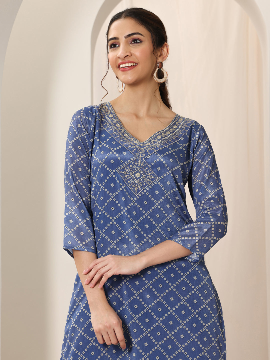 Blue Printed Silk Blend Straight Suit Set With Dupatta