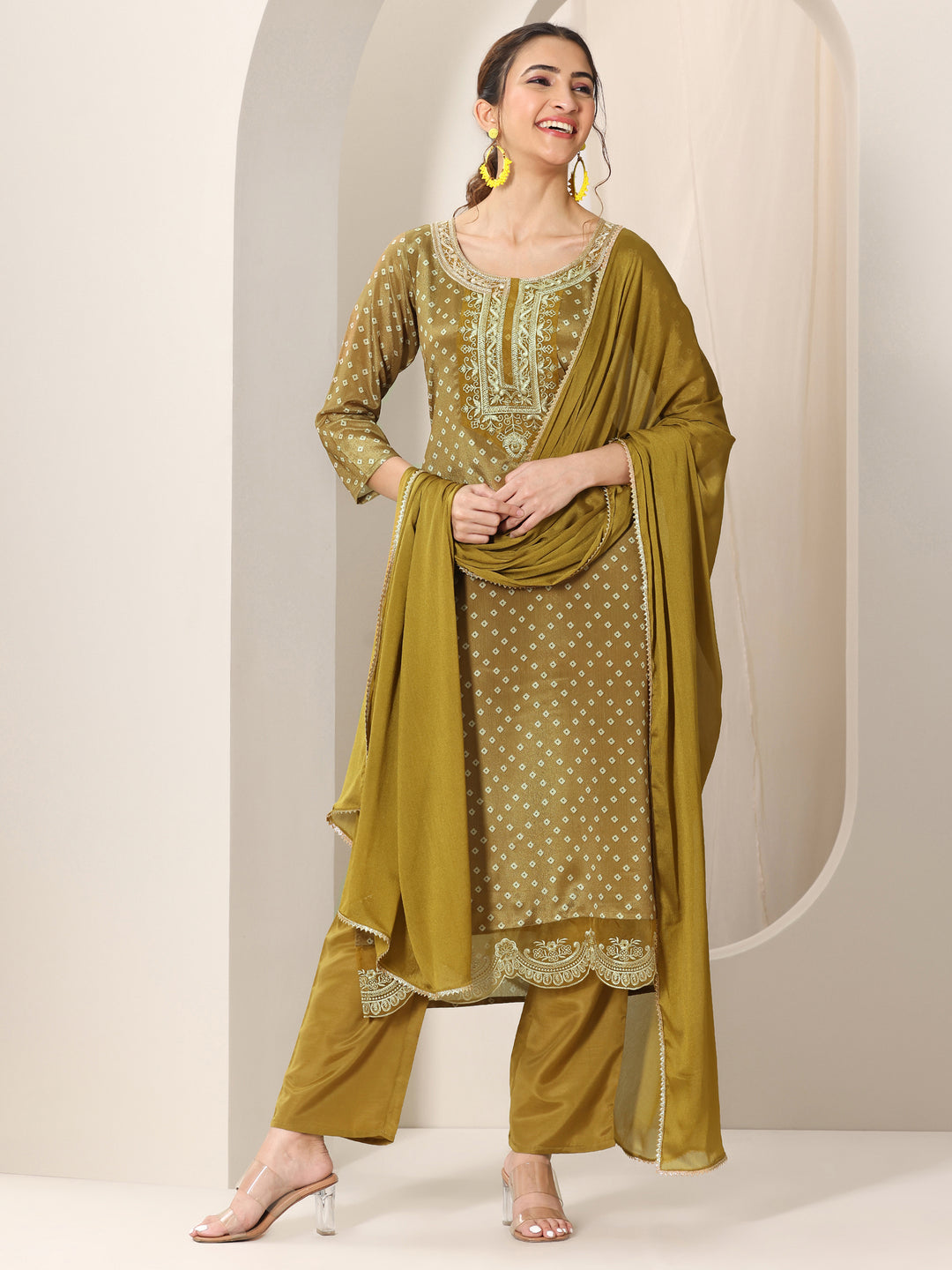 Olive Printed Silk Blend Straight Suit Set With Dupatta