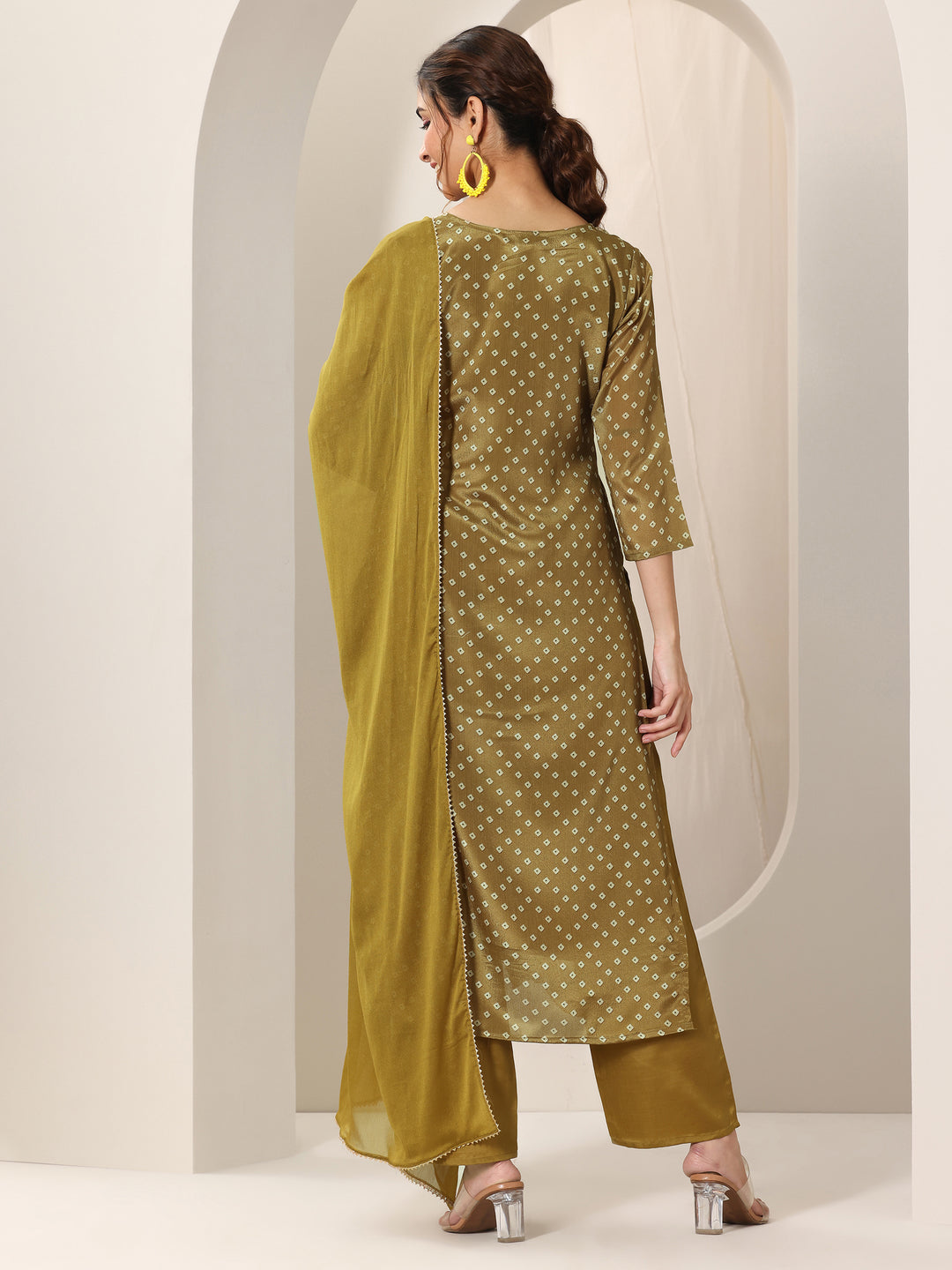 Olive Printed Silk Blend Straight Suit Set With Dupatta
