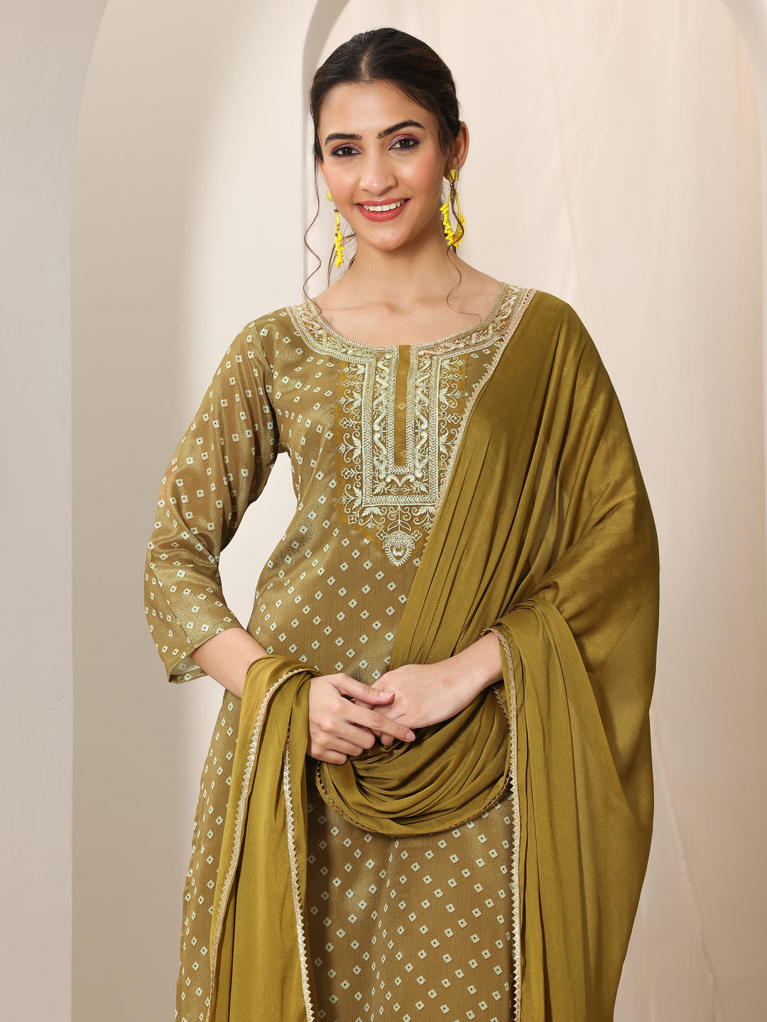 Olive Printed Silk Blend Straight Suit Set With Dupatta